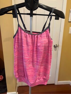 Pink Striped Tankini with Gray Trim